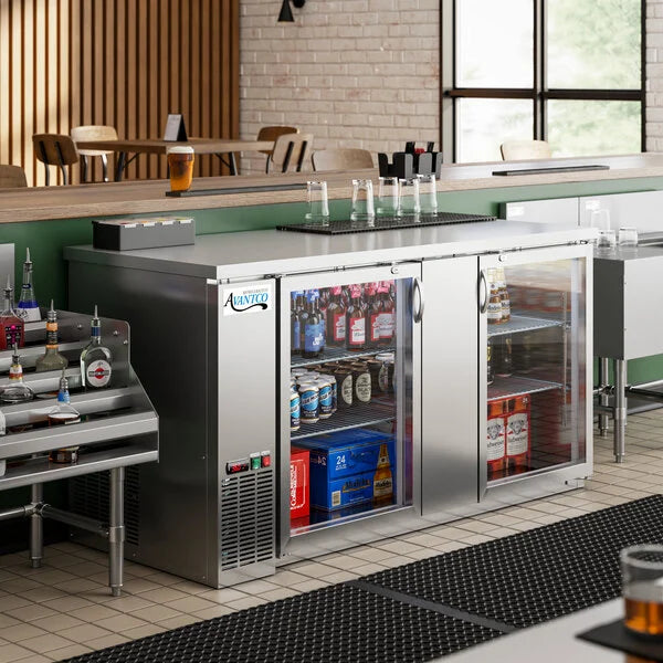 AVANTCO 69" Stainless Steel Counter Height Glass Door Back Bar Refrigerator with LED Lighting 178UBB3GHCS (New Other, Minor Damage Cosmetic)