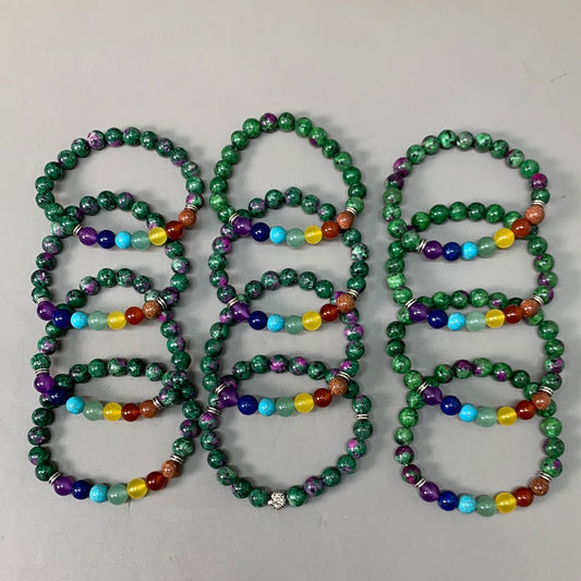 BEST WHOLESALE (12 PACK) Beaded Crystal Bracelets 3" Green-Purple/Rainbow New