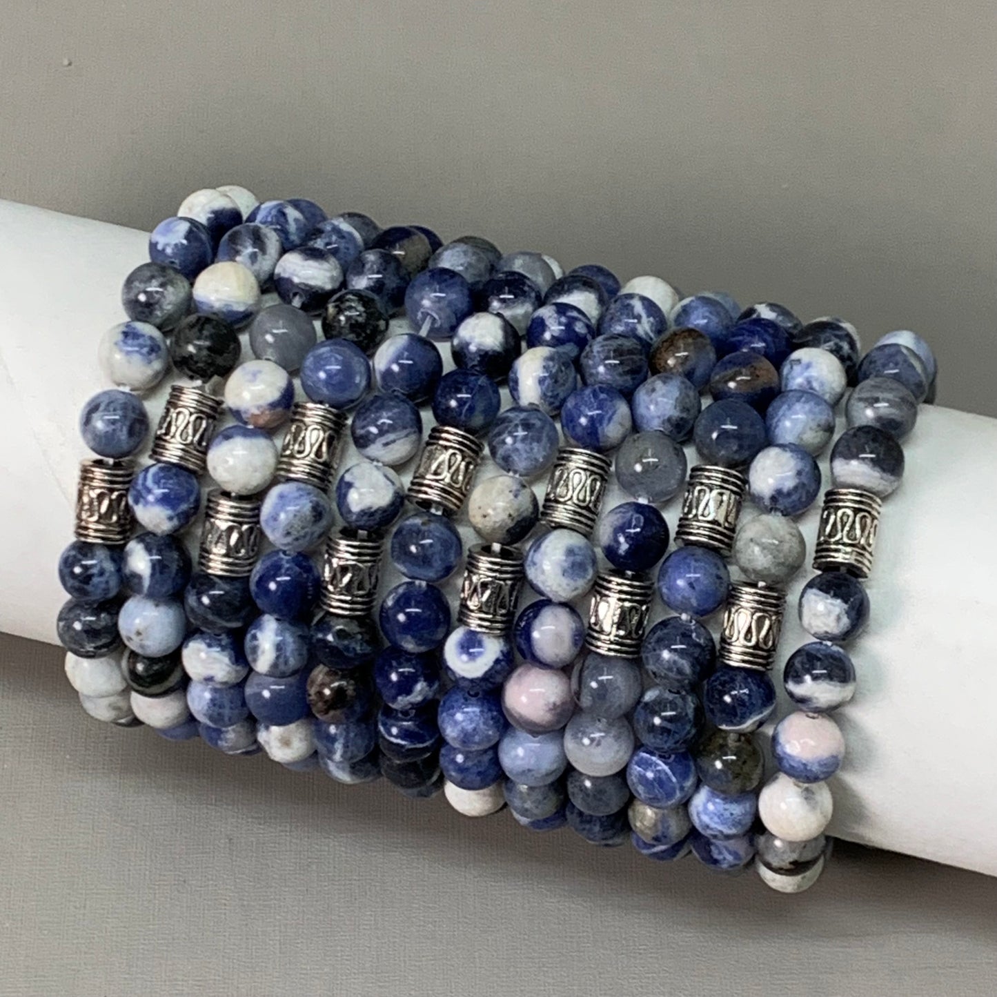 BEST WHOLESALE 12-PACK! Blue Marbled Beaded Crystal Bracelets 3" Silver Jewel New