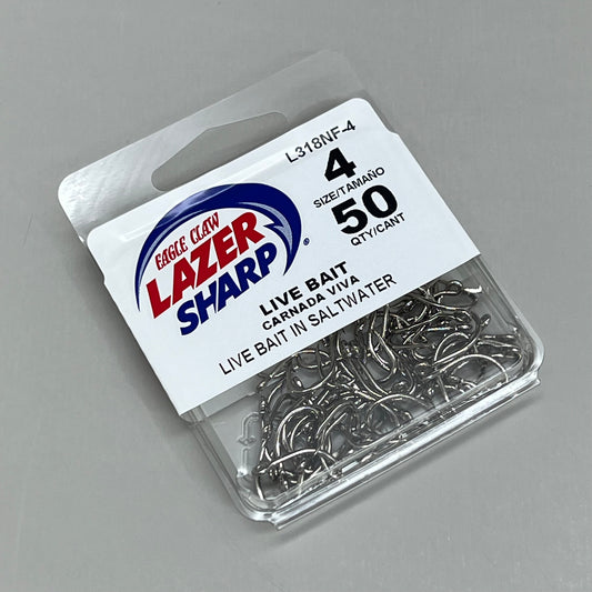 EAGLE CLAW Lazer Sharp Live Bait in Saltwater Fishing Hook #4 50pc L318NF-4