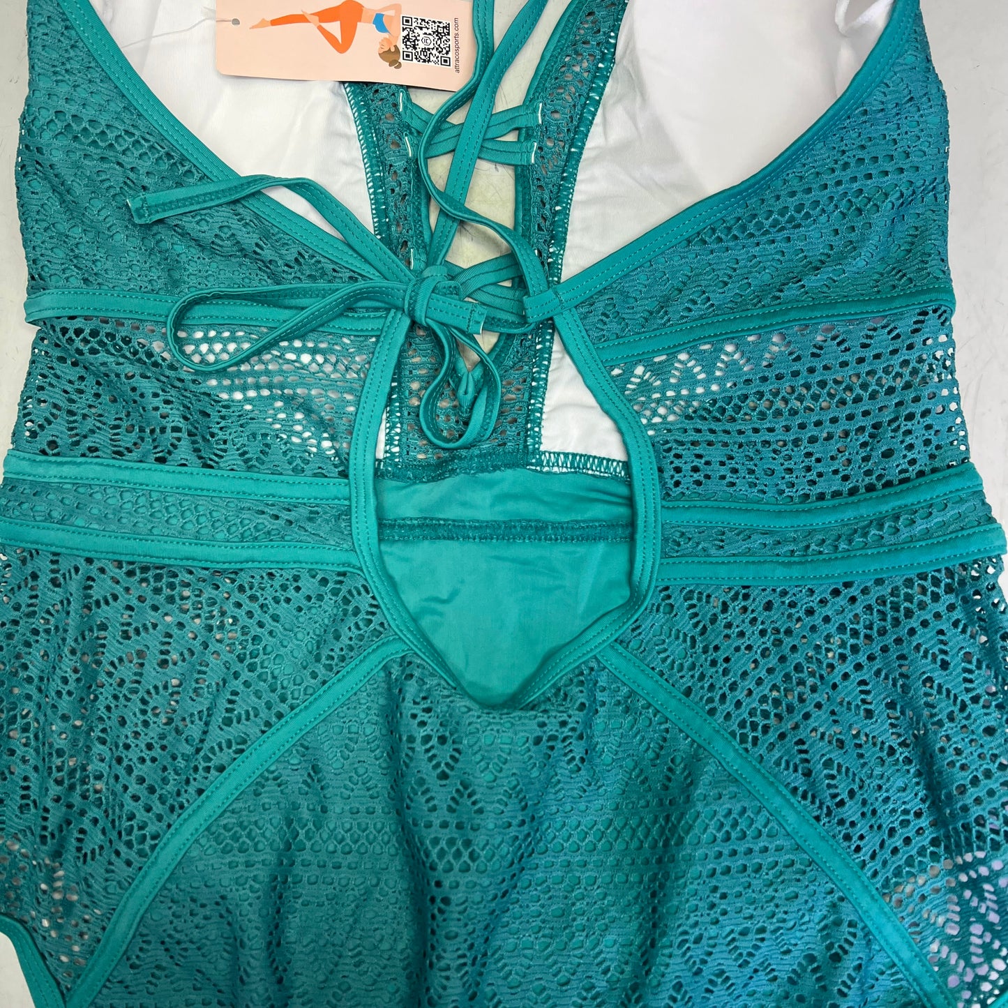 CHARMO Solid Cross Plunge Crochet One Piece Swimsuit Women's Sz M Aqua Blue