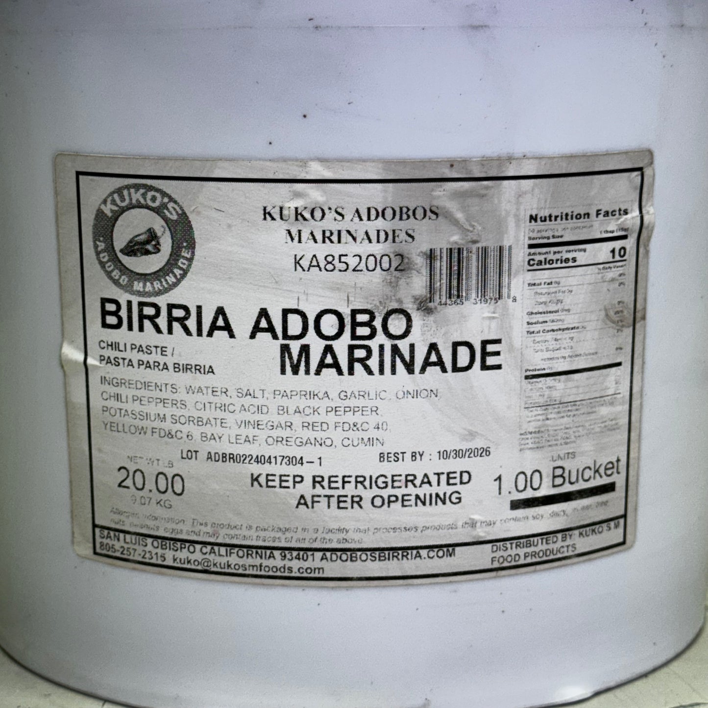 KUKO'S Birria Adobo Marinade 20 LBS Red KA852002 (New Other, Distressed Container) BB 10/26