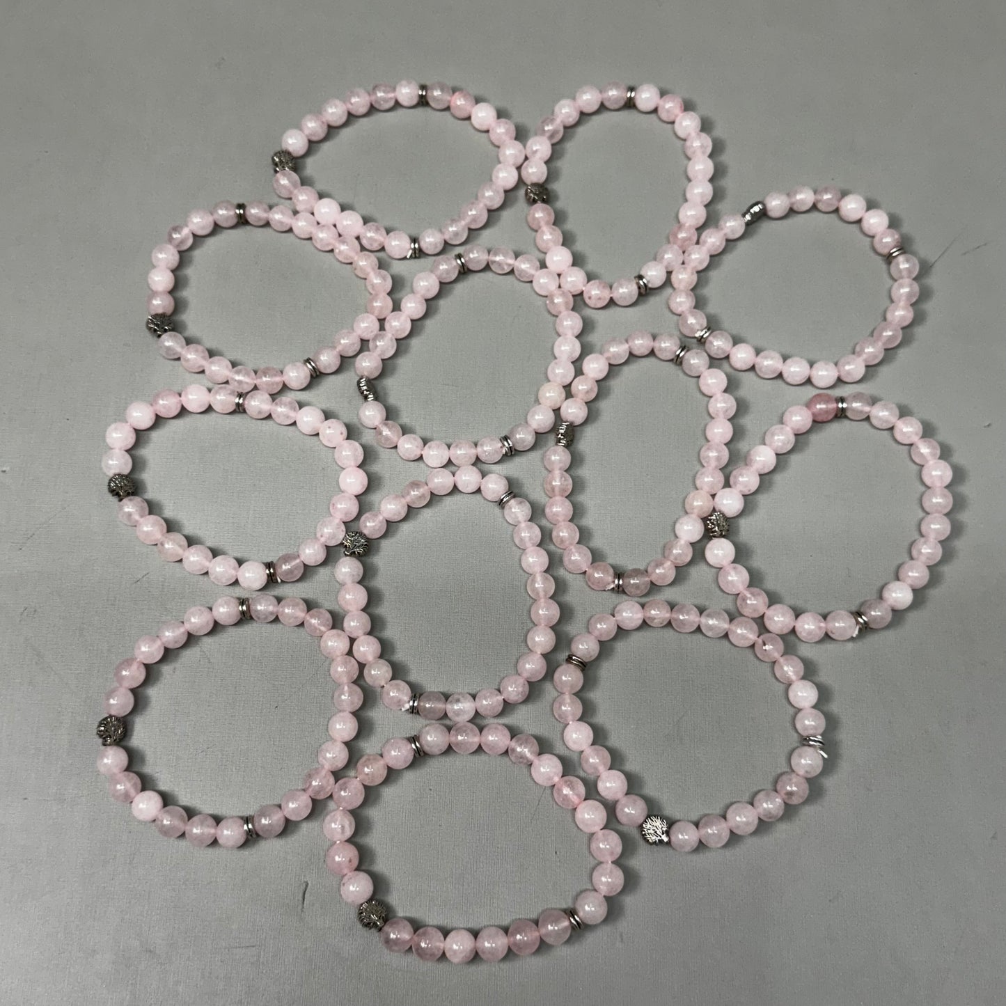 BEST WHOLESALE (12 PACK) Beaded Rose Quartz Crystal Bracelets 3" Silver Tree New