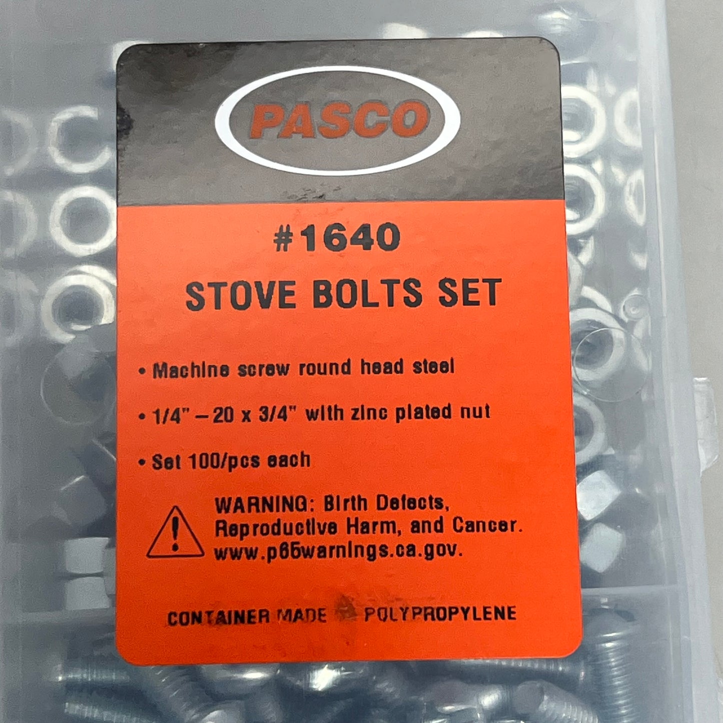 PASCO (2 PACK) Stove Bolt w/ Hex Nut 1/4" Thread Round Head Zinc Plated 100pcs 1640