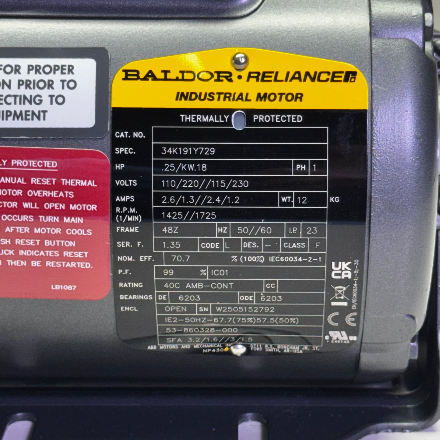BALDOR RELIANCER Thermally Protected Industrial Motor 1ph 1425/1725 Rpm 0.25 HP Grey 34K191Y729 W/ Reset Button