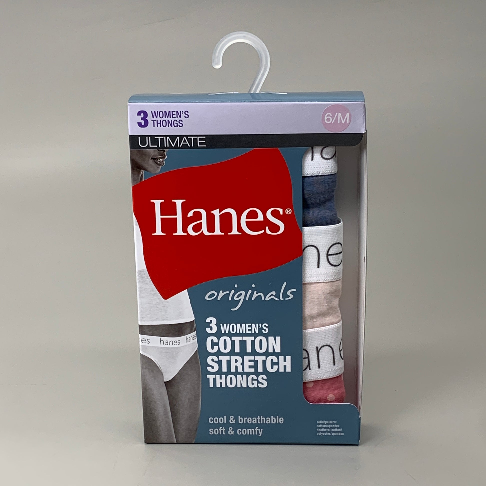 HANES 3 PACK!! Originals Women's Breathable Cotton Stretch Thongs
