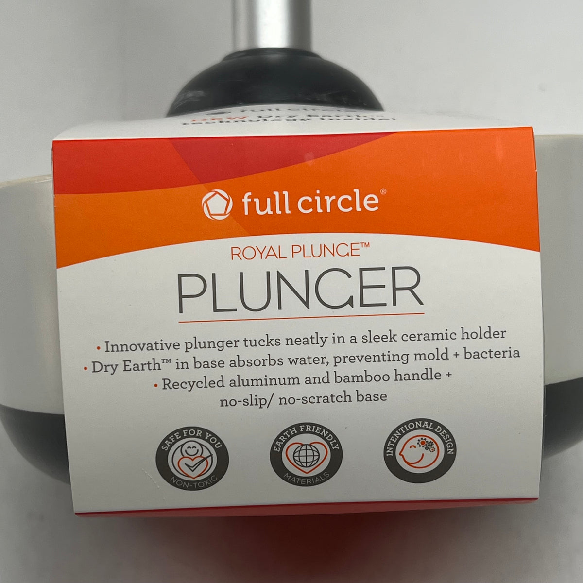 FULL CIRCLE Royal Plunge Toilet Plunger W/ Ceramic Holding Bowl White/Grey