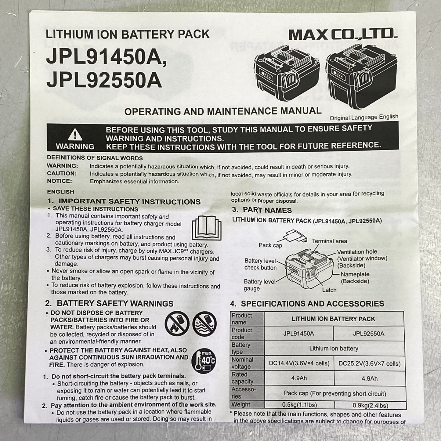 MAX LTD Lithium Ion Battery Pack 14.4V Black JPL91450A