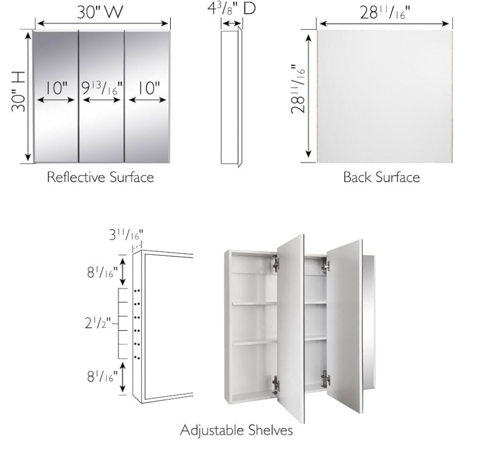 ZENNA HOME 3 Door Medicine Cabinet Sz 29.6” W x 25.4” H x 4.5” L VA50224