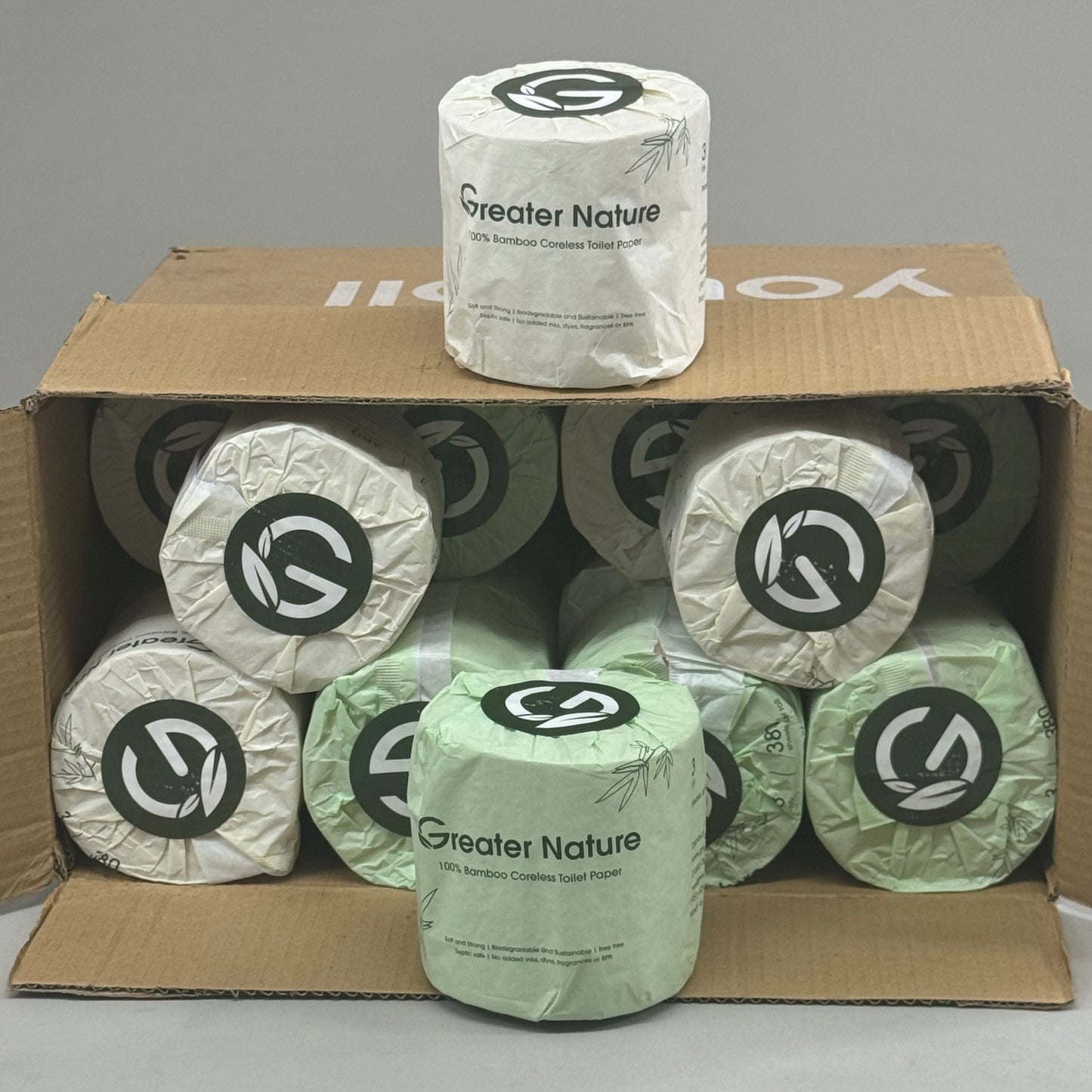 GREAT NATURE (24 Pack) 100% Bamboo Core-less Toilet Paper 3Ply, 380 Sheets Per Roll Green/White