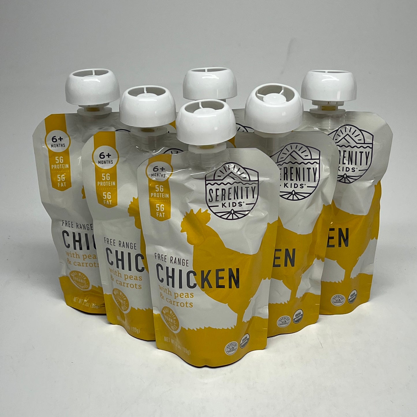 SERENITY (6 PACK) Free Range Chicken W/ Peas & Carrots Baby Food Pouch BB 09/27