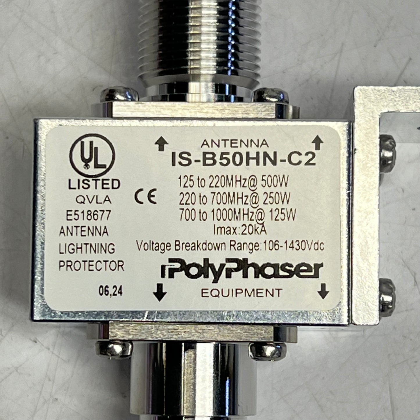 POLY PHASER Bulkhead Coaxial Rf Surge Protector 125MHz 1GHz DC Block IS-B50HN-C2