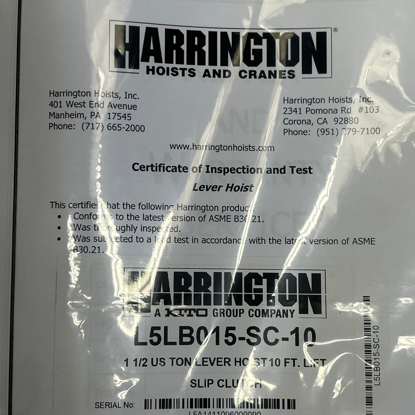 HARRINGTON 1 1/2 ton Nickel Plated Chain Die-Cast Lever Hoist L5LB015-SC-10