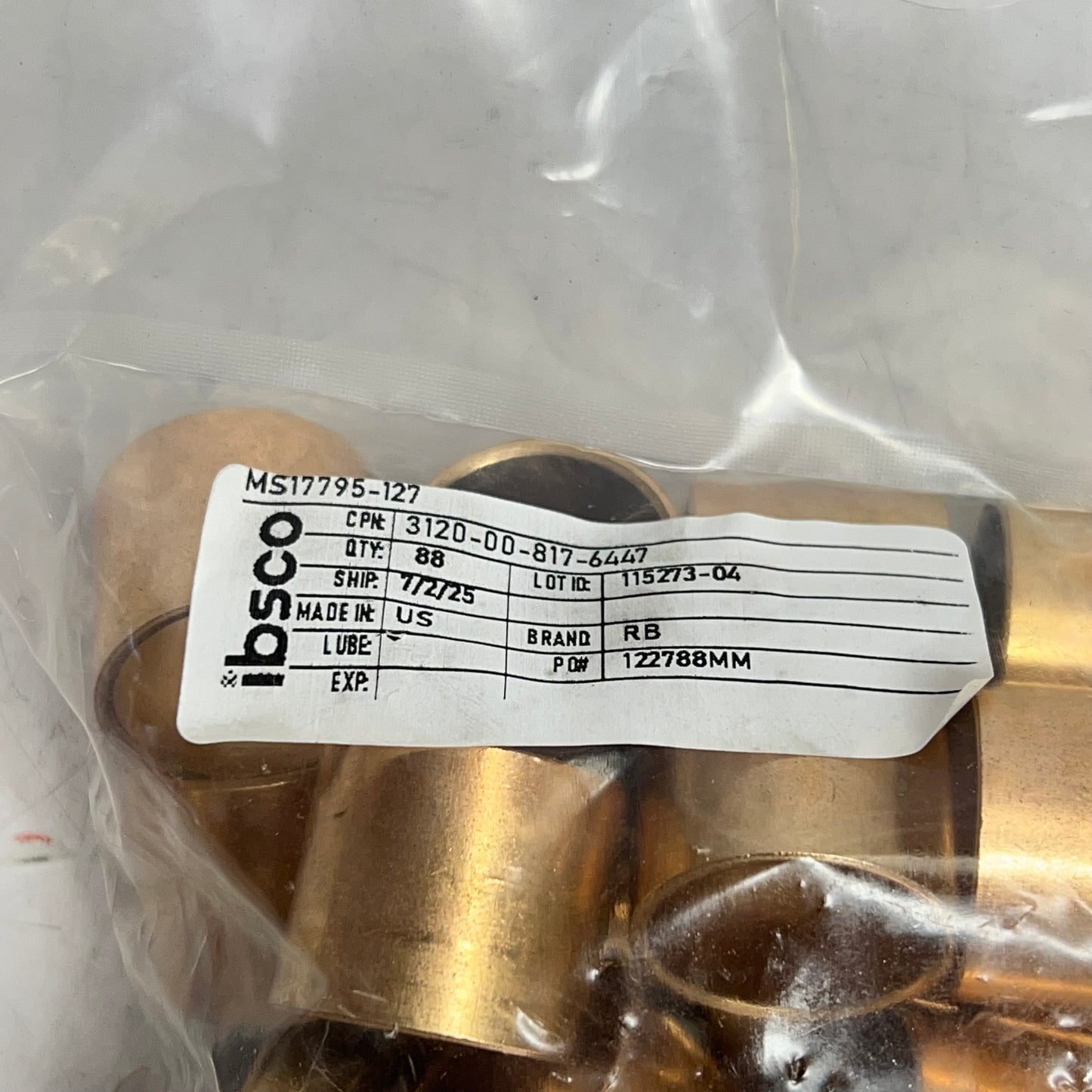 IBSCO (88 PACK) Copper Alloy Steel Bearing   0.8700"Min  0.8800" Max MS17795-127