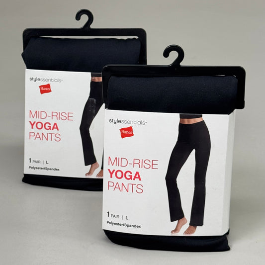 HANES (2 PACK) Mid-Rise Yoga Pants Polyester Spandex Women's Sz L Black 441985