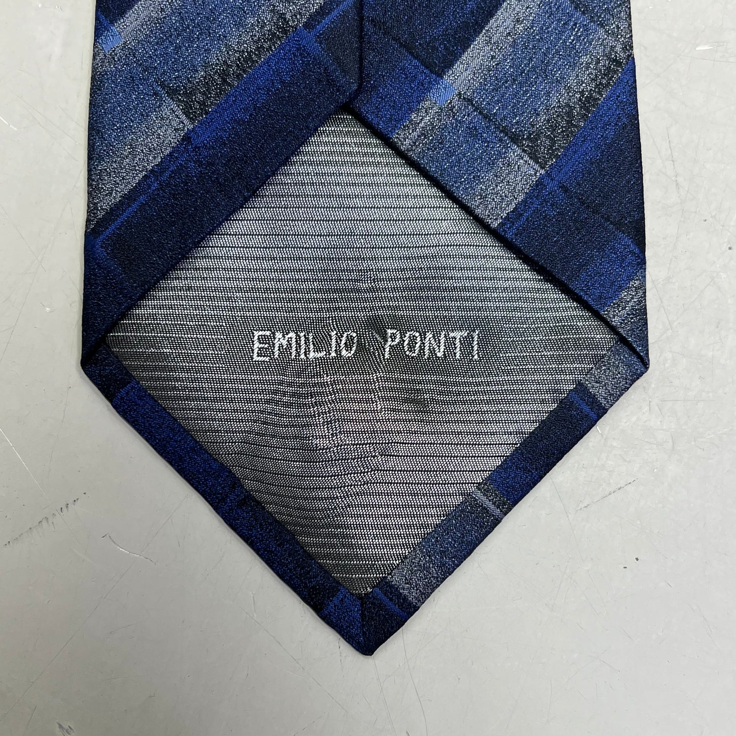EMILIO PONTI Hand Made 100% Silk Suit Tie Ombre Plaid 60" Blue/White (Pre-Owned)