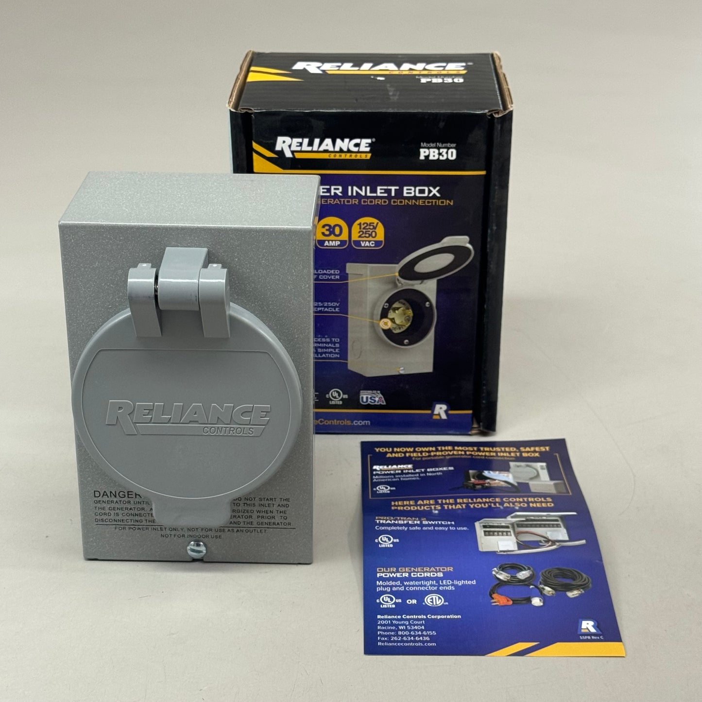 RELIANCE CONTROLS Power Inlet Box For Generator Cord Connection L14-30 Grey PB30