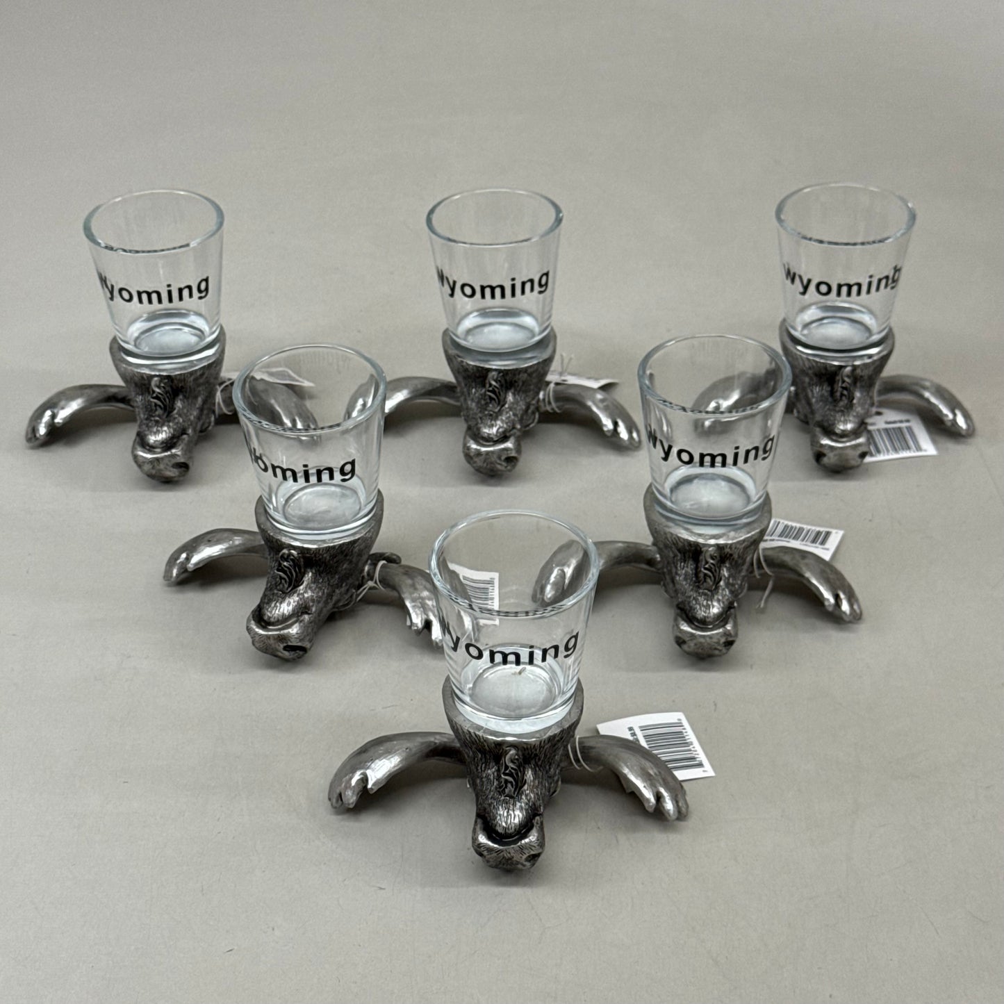 SHOSHONE (6 Pack) Moose Shot Glasses Wyoming Inscription Grey WK-SHT001