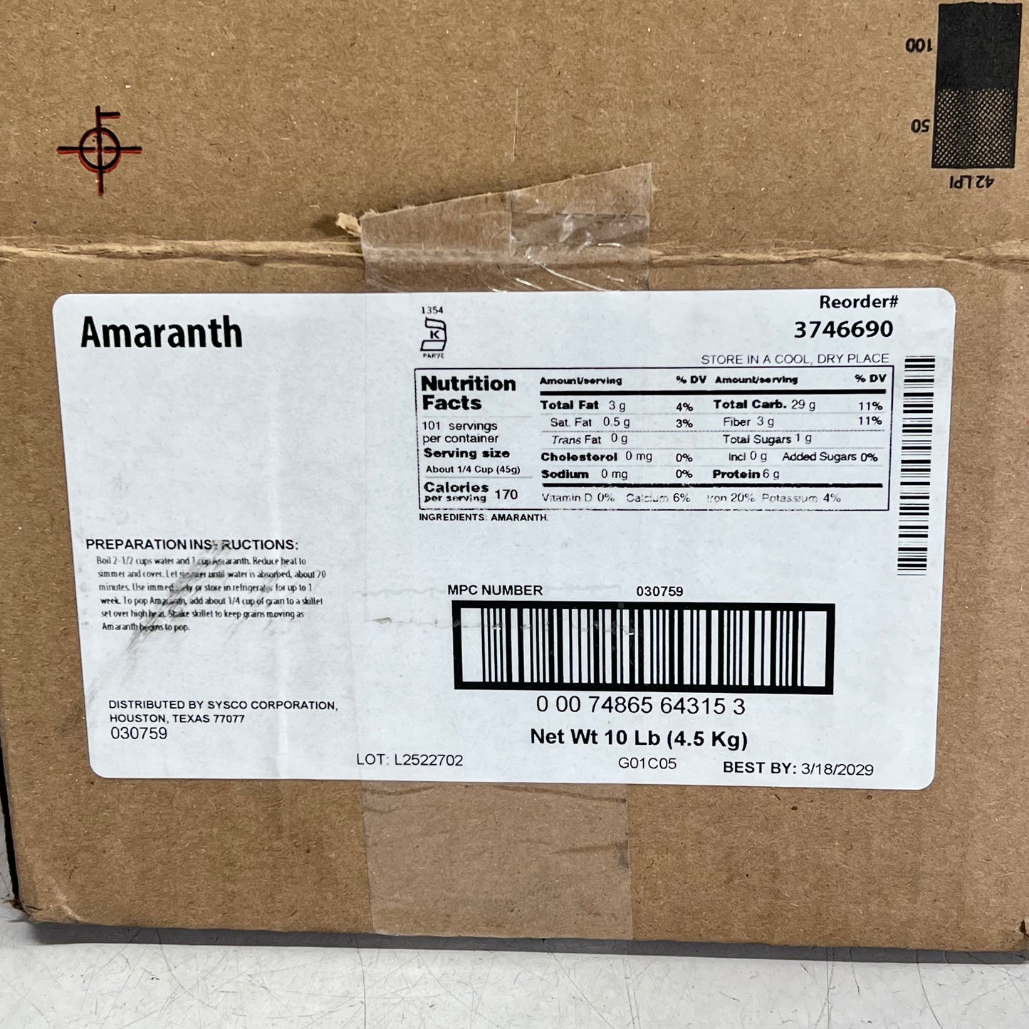 SYSCO High Protein 100% Whole Grain Amaranth Seeds Specialty Grain 10Lb BB 03/29