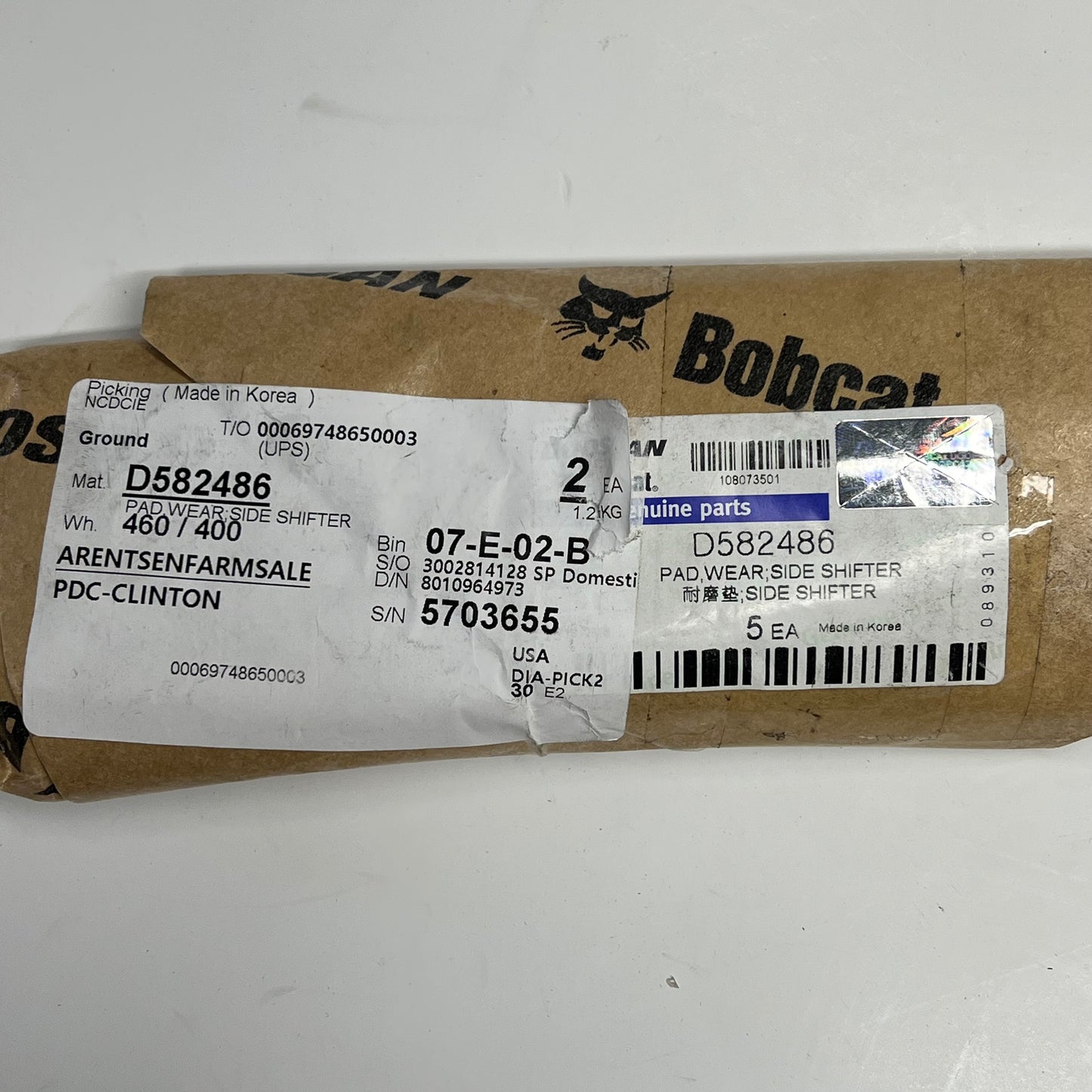 BOBCAT Genuine Oem Parts Carriage Pad Wear Side Shifter D582486