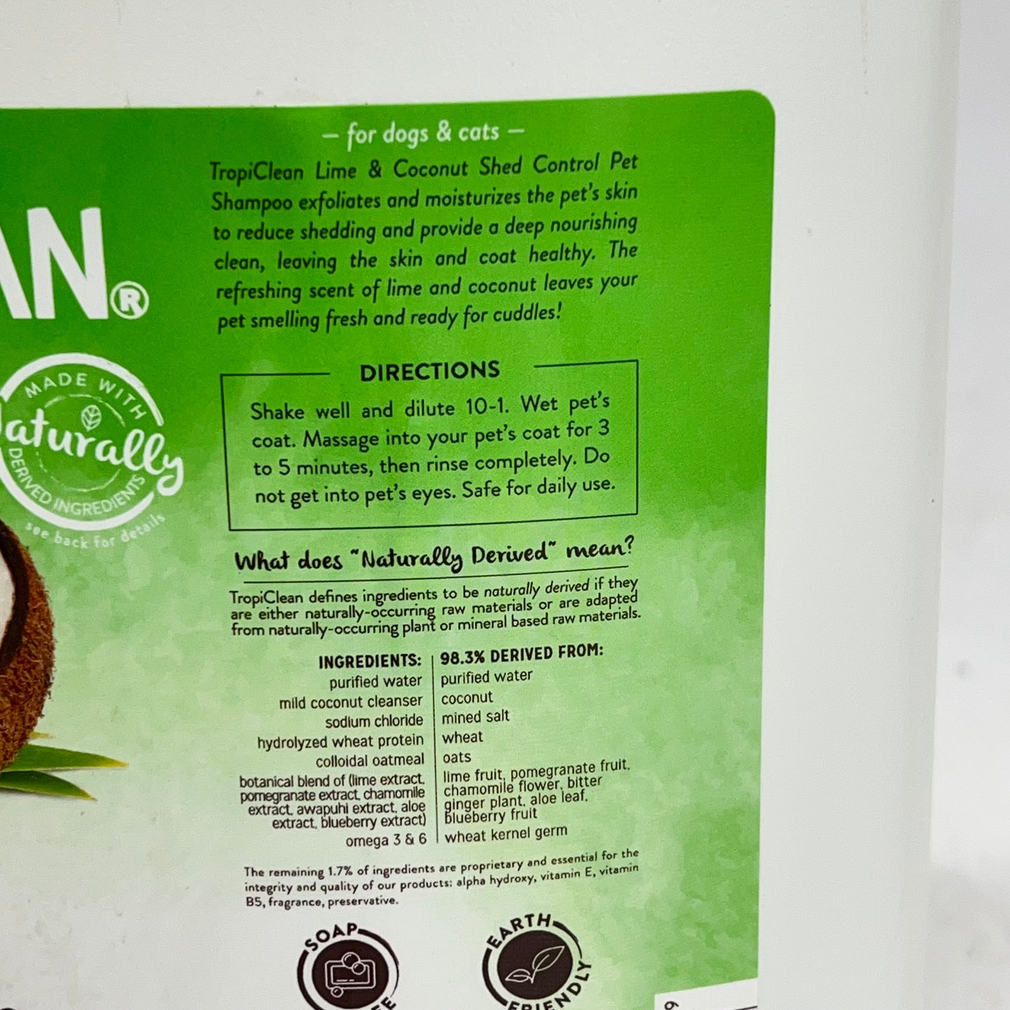 TROPICLEAN Lime & Coconut Shed Control Shampoo for Pets Naturally Derived 1 Gal
