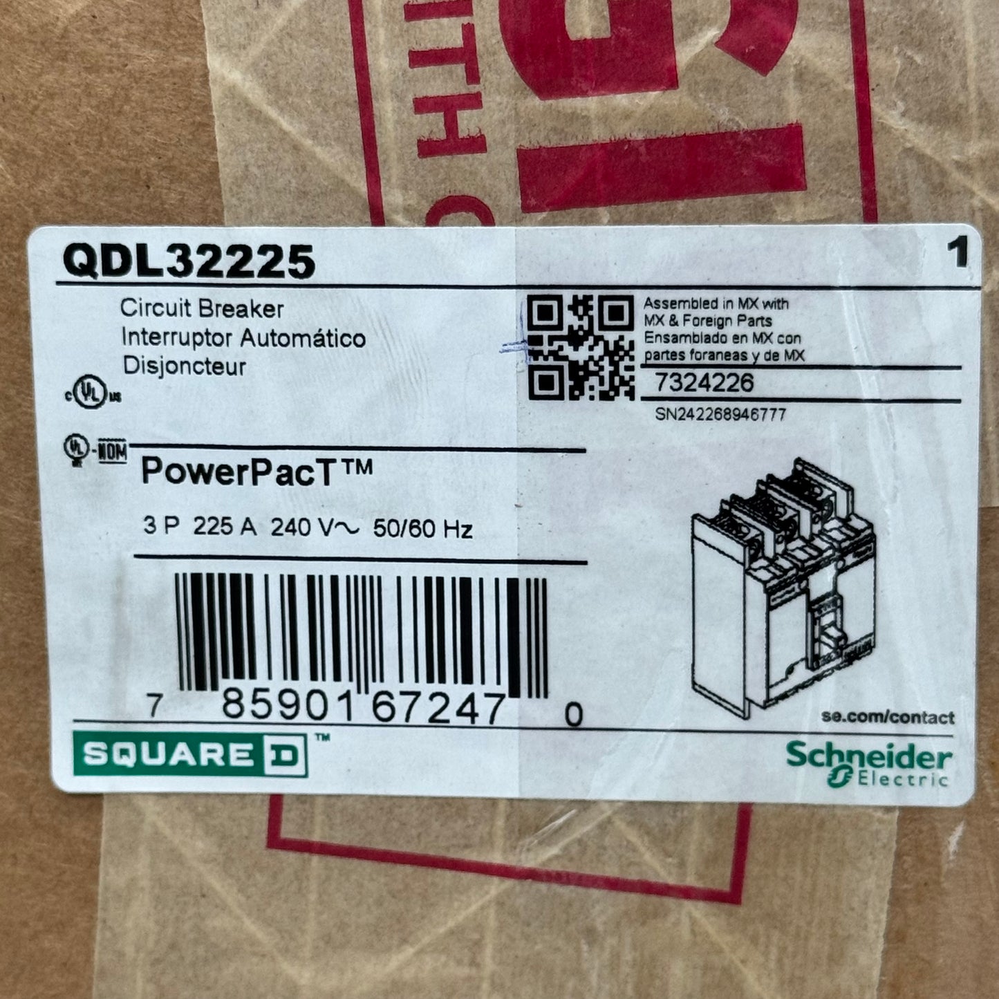 SQUARE D 3 Pole Circuit Breaker 225 A 240V Molded Case Thermal Magnetic QDL32225