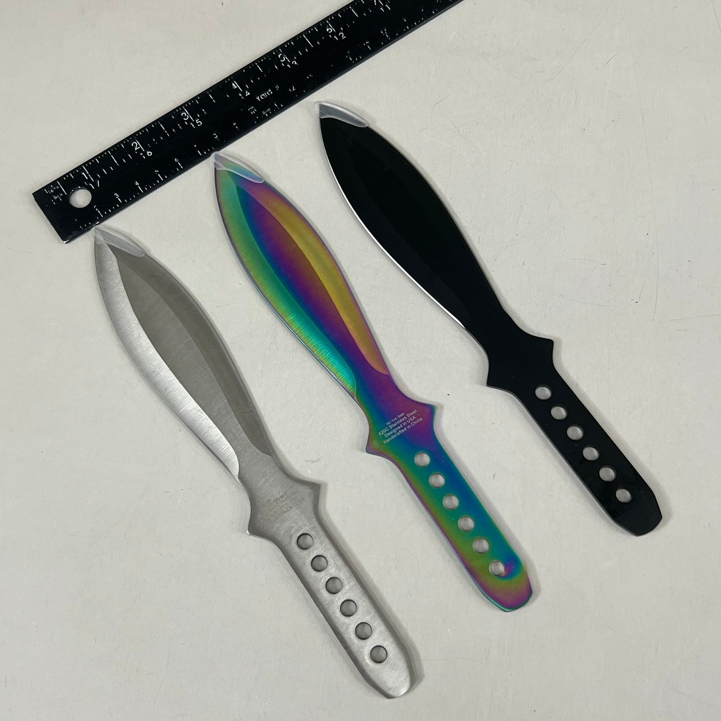 3 Piece Throwing Knife Set W/Sheath 9" Rainbow, Black, Silver Blades TK-114-3MX