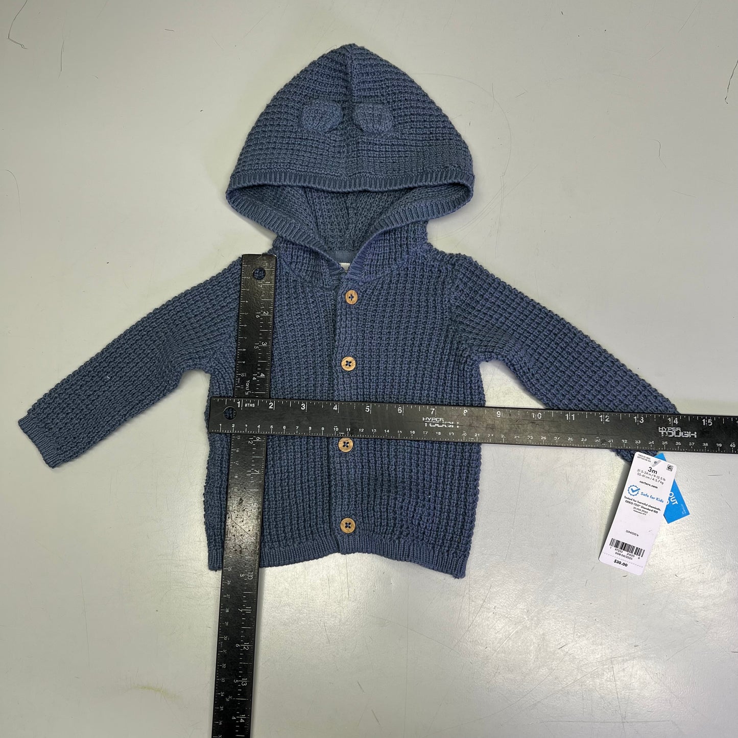 CARTERS Hooded Button Up Waffle Knit Cardigan Boy's Sz 3M Navy Blue IS941510