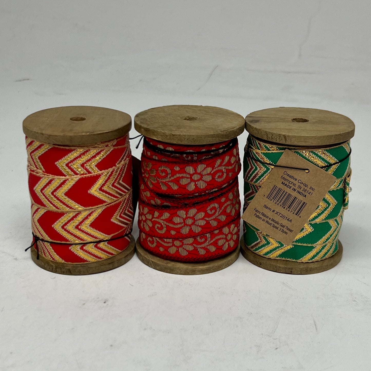 CREATIVE CO-OP (3 PACK) Fabric Ribbon w Metallic Gold Thread Pattern on Wood Spool XT2014A