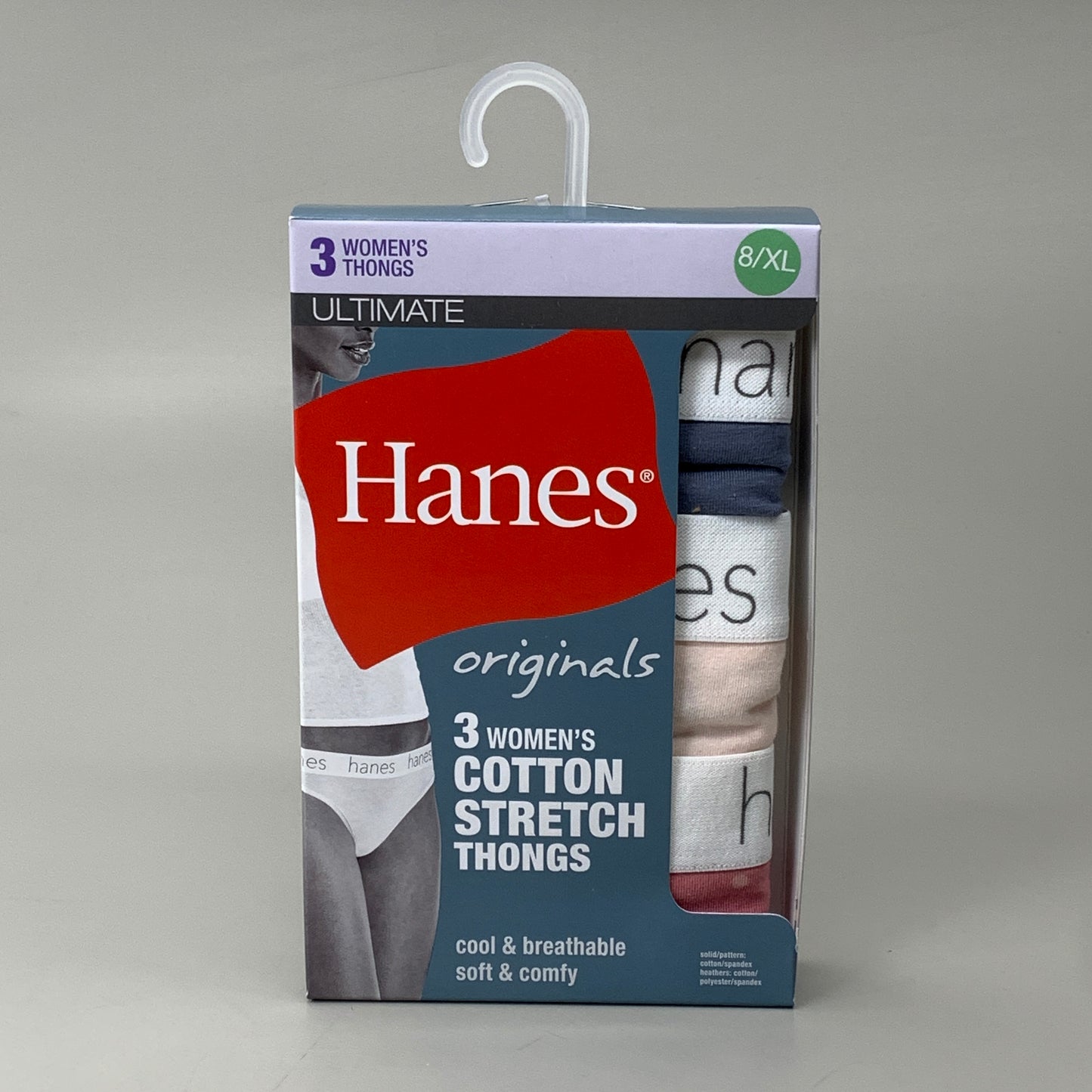 HANES 3 PACK!! Originals Women's Breathable Cotton Stretch Thongs Underwear Sz 8/XL Blue/Buff/Pink 45OUBT