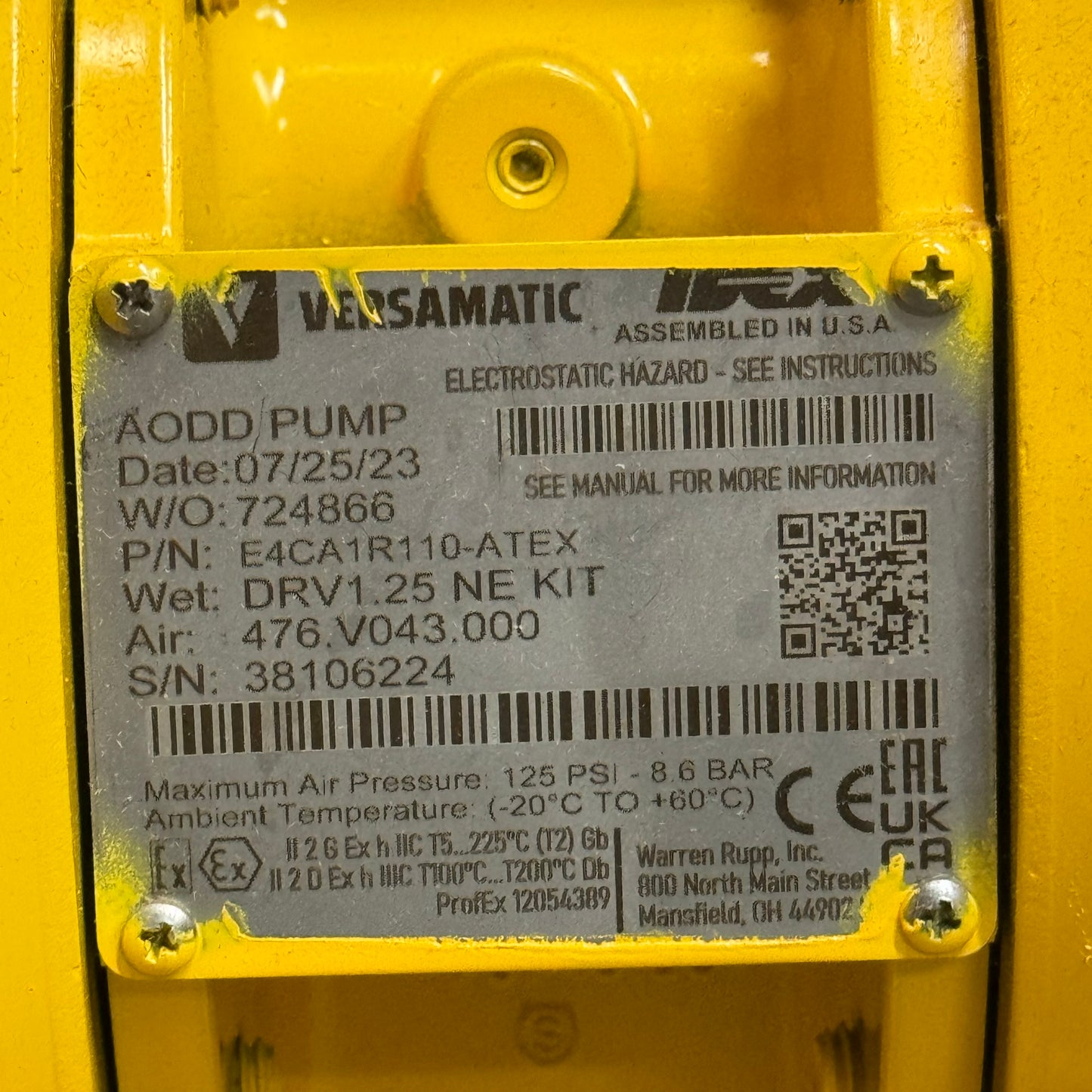 VERSAMATIC AODD Pump E4CA1R110-ATEX 7"x14"x11" Yellow