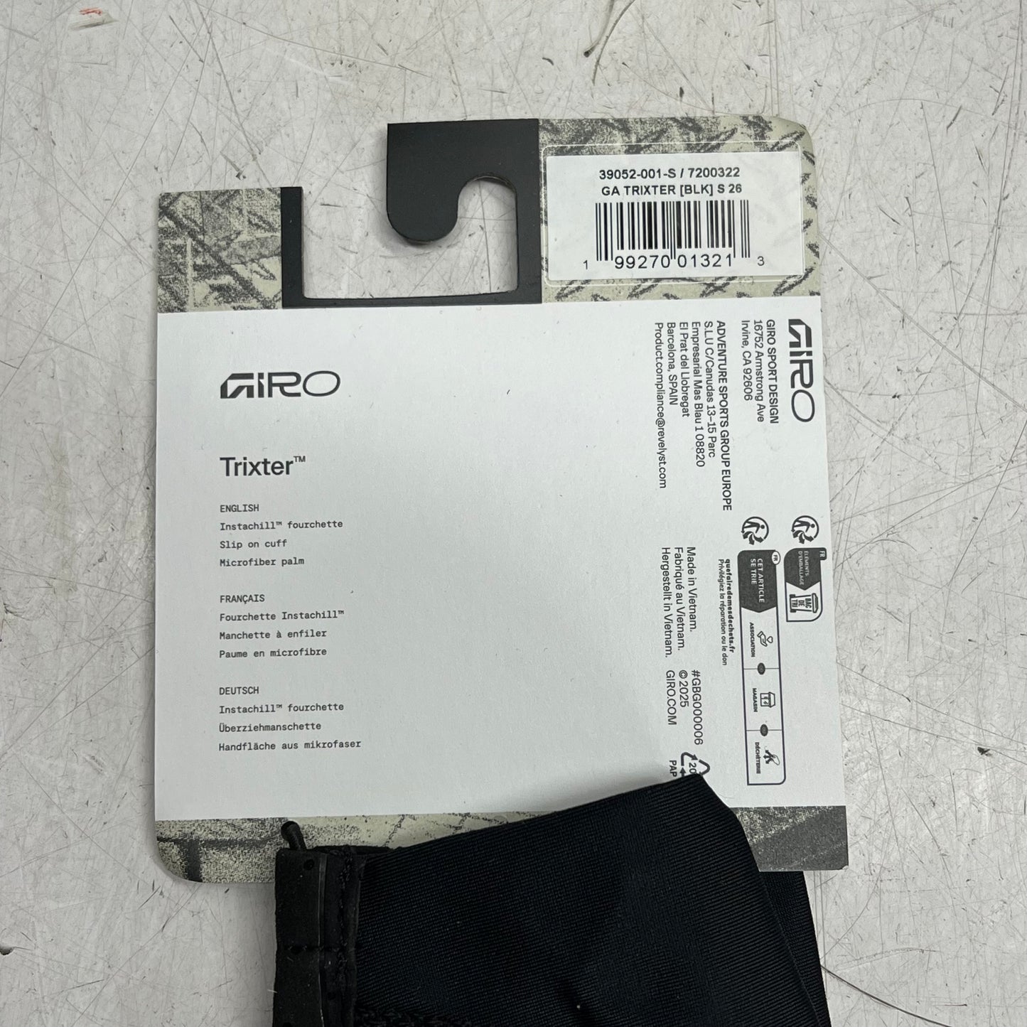 GIRO Trixter Glove Lightweight Instachill Fabric Unisex Sz S Black 7200322