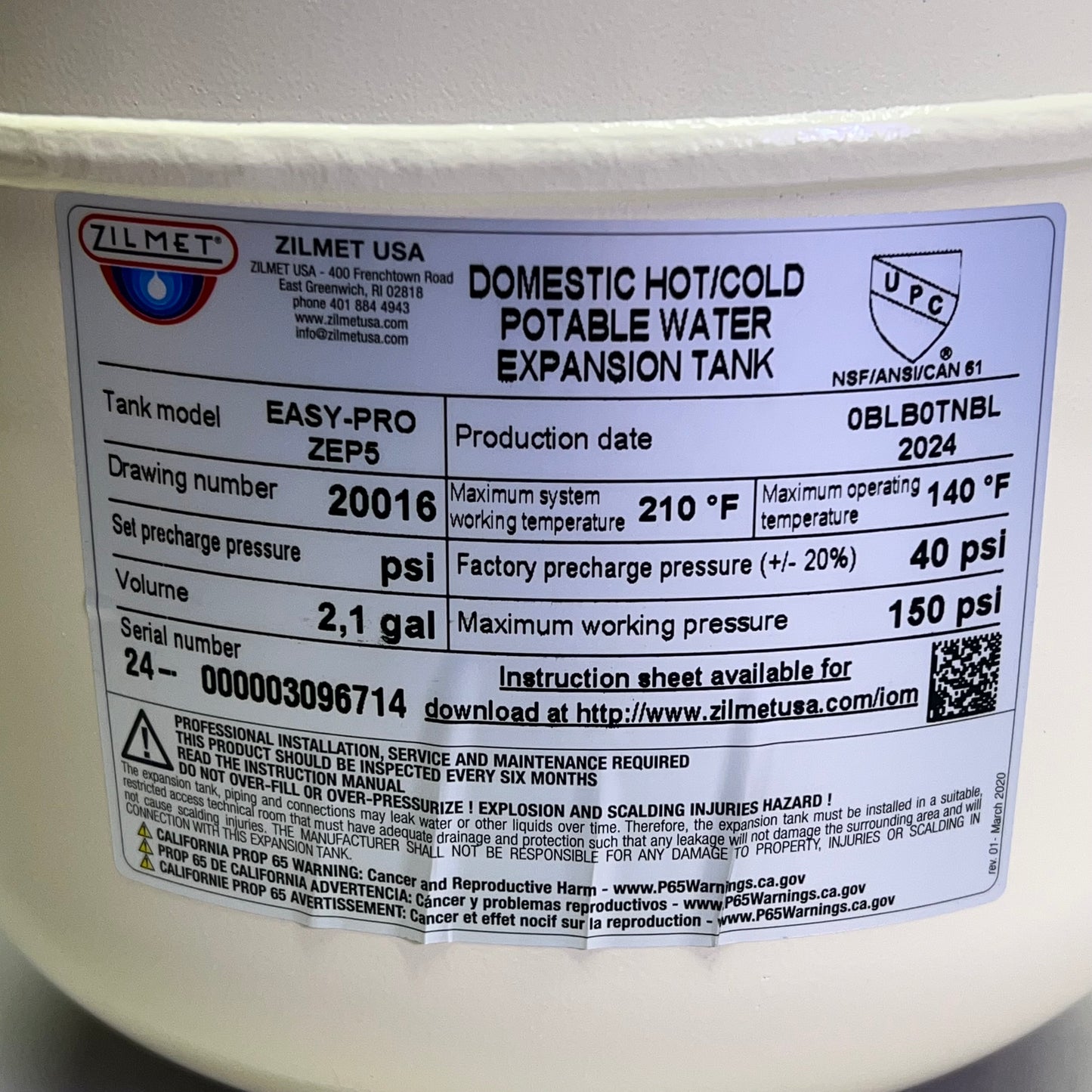 ZILMET Domestic Hot/Cold Potable Water Expansion Tank 2.1 Gal 3/4" NPT EASY PRO