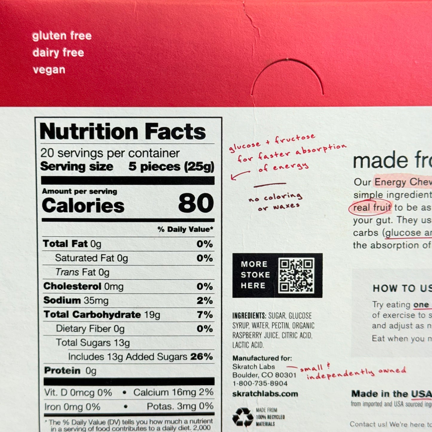 ZA@ SKRATCH (10 PACK) Raspberry Energy Chews 1.76 Oz BB 01/27 (New - Dented Box)