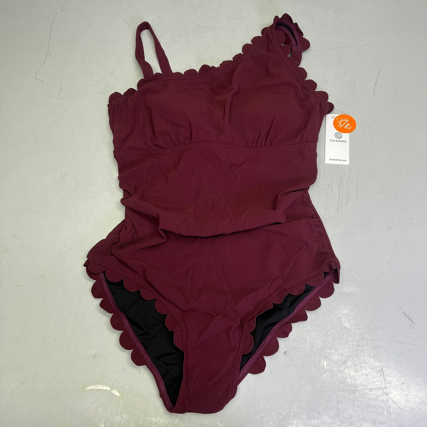 CHARMO Asymmetrical Retro Ribbed Moderate Cut One Piece Swimwear Wmn Sz M Wine