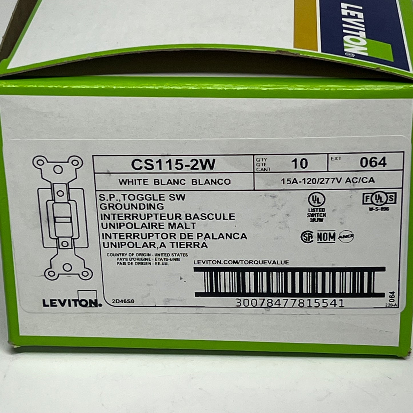 LEVITON (10 PACK) Toggle Switch Single Pole Quiet Switch 15 AMP White CS115-2W