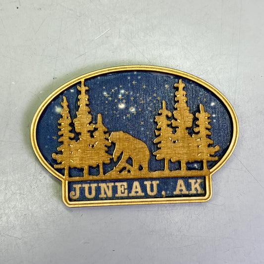 (2 PACK) Bear Starry Night Lasered Wood Magnet Souvenir JUNEAU, AK Made In USA