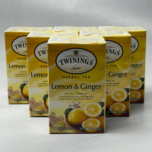 TWININGS of London (6 PACK) Lemon & Ginger Herbal Tea 20 Bags per Box 16895 Exp 7/25