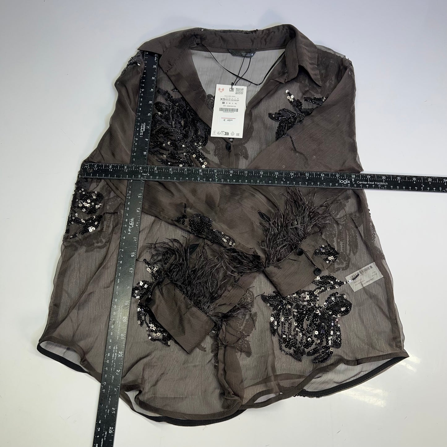 ZARA Button Up Semi-Sheer Sequin Feather Blouse Women's Sz XS Black/Brown