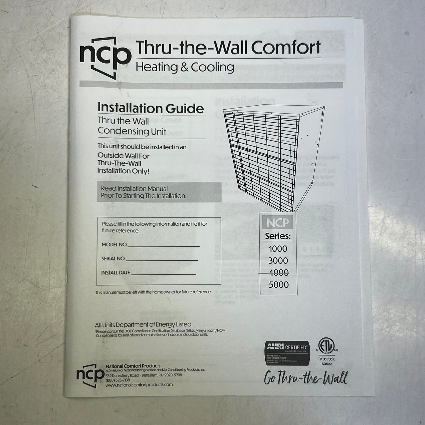 NCP Thru the Wall Condensing Unit 1000 Series NCP5241000A-A1