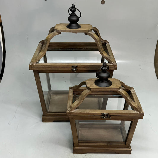 RAZ IMPORTS (SET OF 2) Fir Wood Lanterns W/ Finial 21" H & 16" H Brown