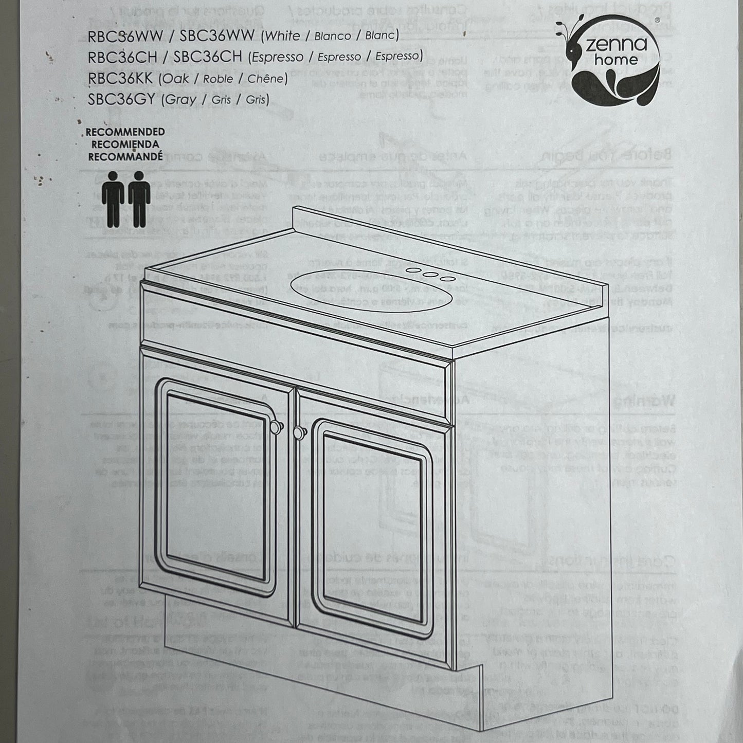 ZA@ ZENNA HOME Single White Vanity & Sini Top RBC30WW Sz 33”Hx36”Lx18”W (AS-IS, A Little Damage)