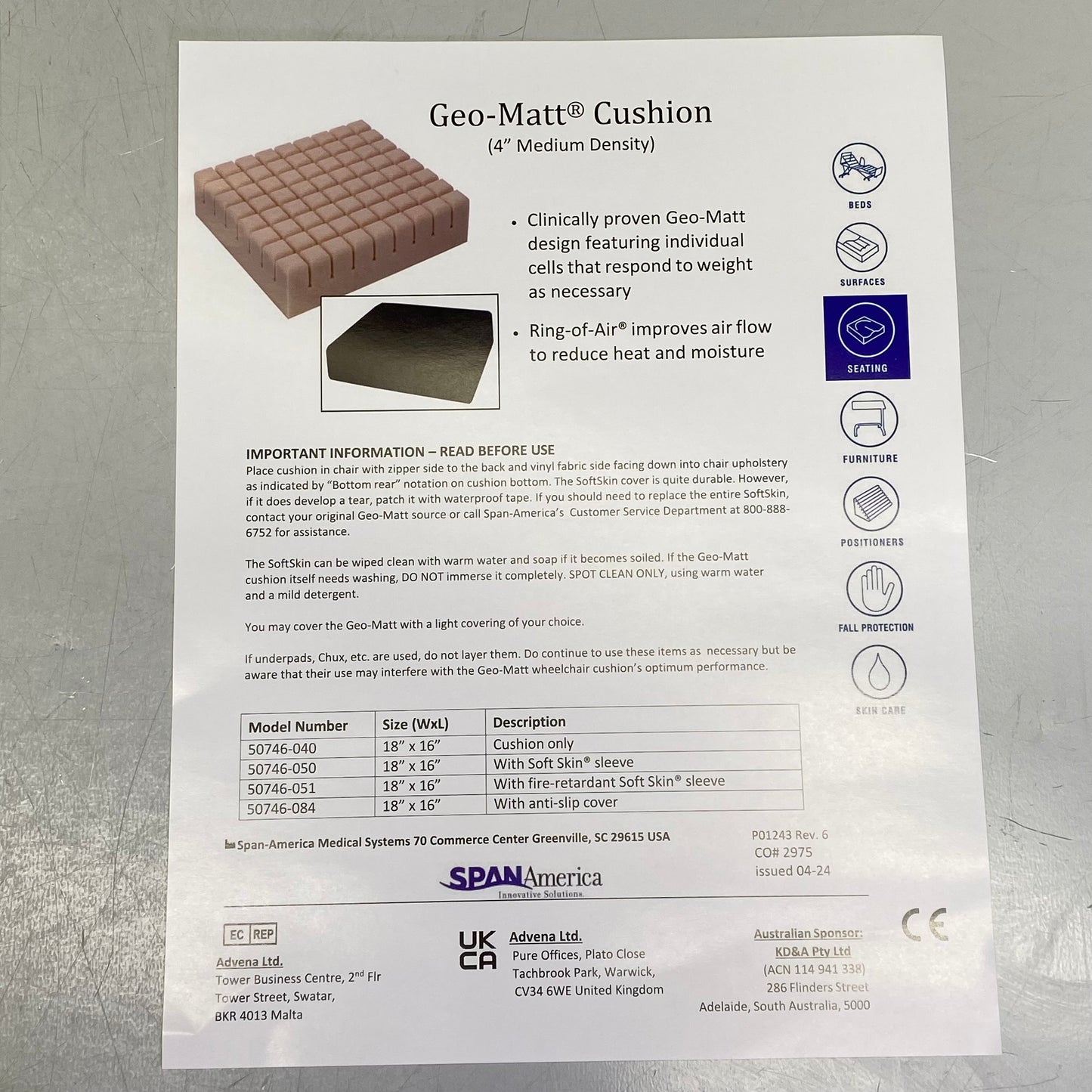 SPAN 4” Medium Density Wheelchair Cushion 4" x 18" x 16" 50746-040