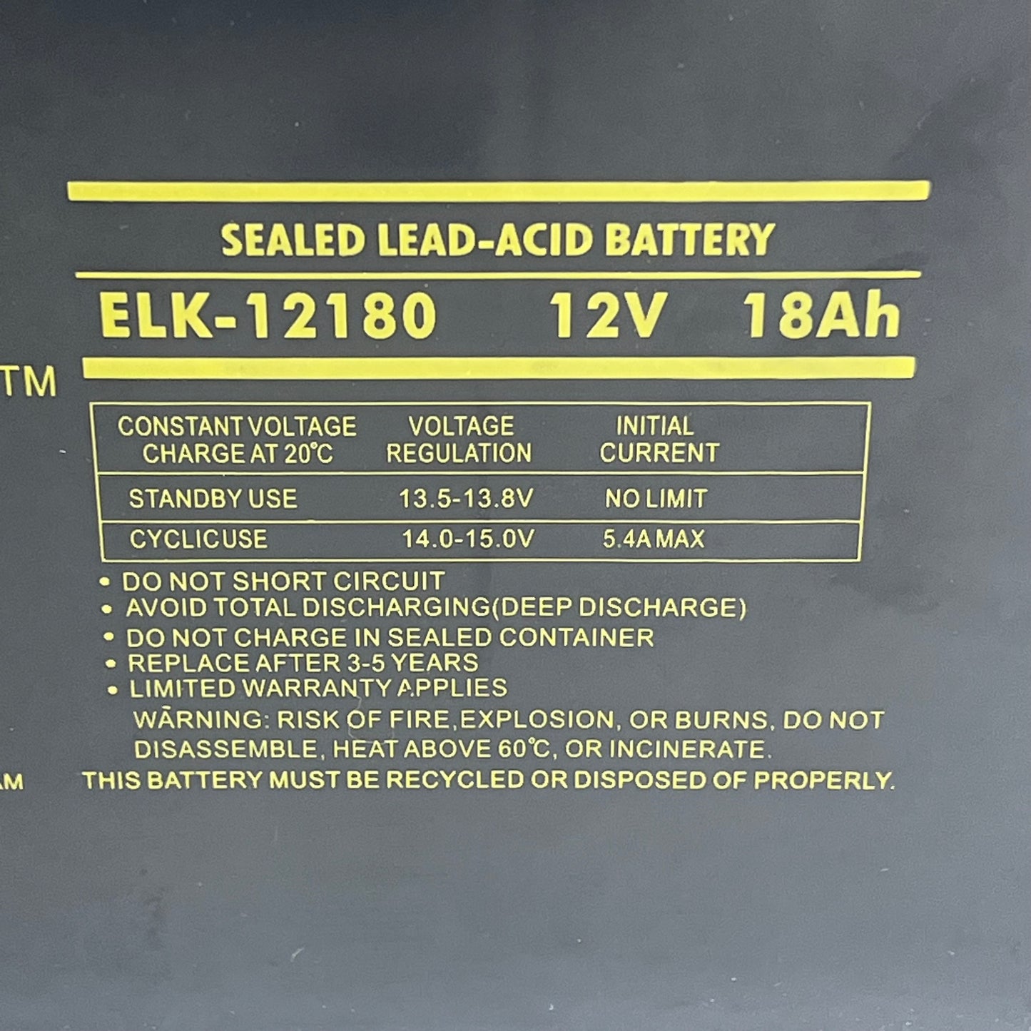 ELK Sealed Lead Acid Battery Rechargeable B1-m5 Bolt & Nut 12V 18AH ELK-12180