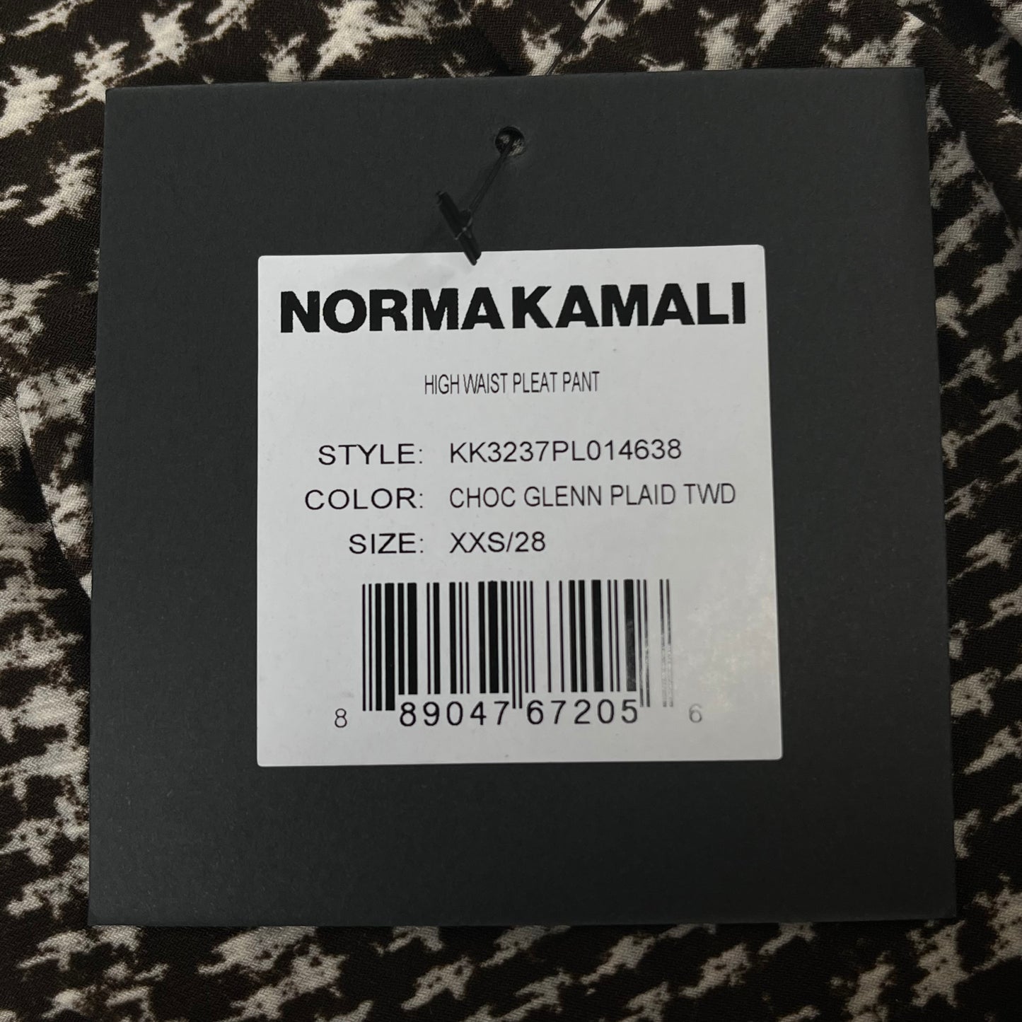 NORMA KAMALI High Waist Pleat Pant Women's Sz XXS/28 Chocolate Glenn Plaid Tweed