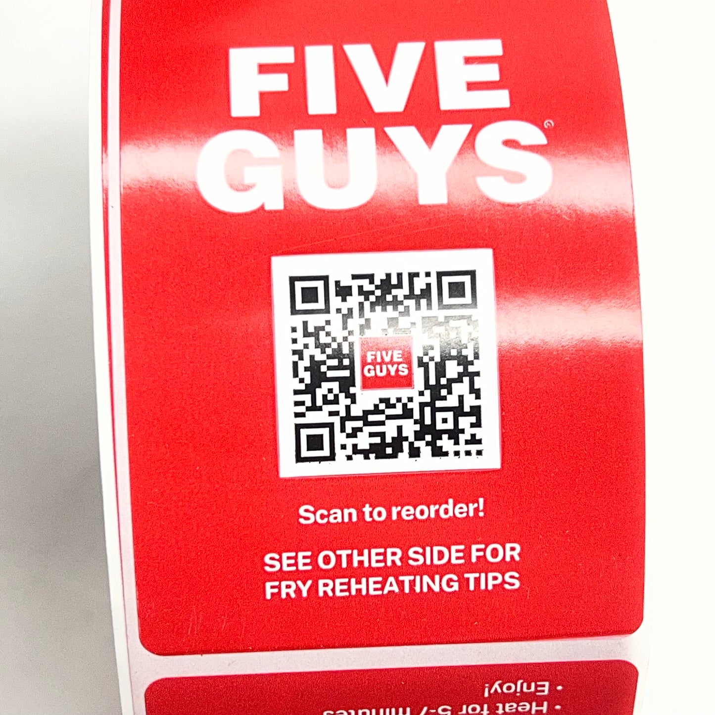 ZA@ FIVE GUYS (12 PACK) Roll of Fry Reheating Instructions Stickers for to Go Bags  Red