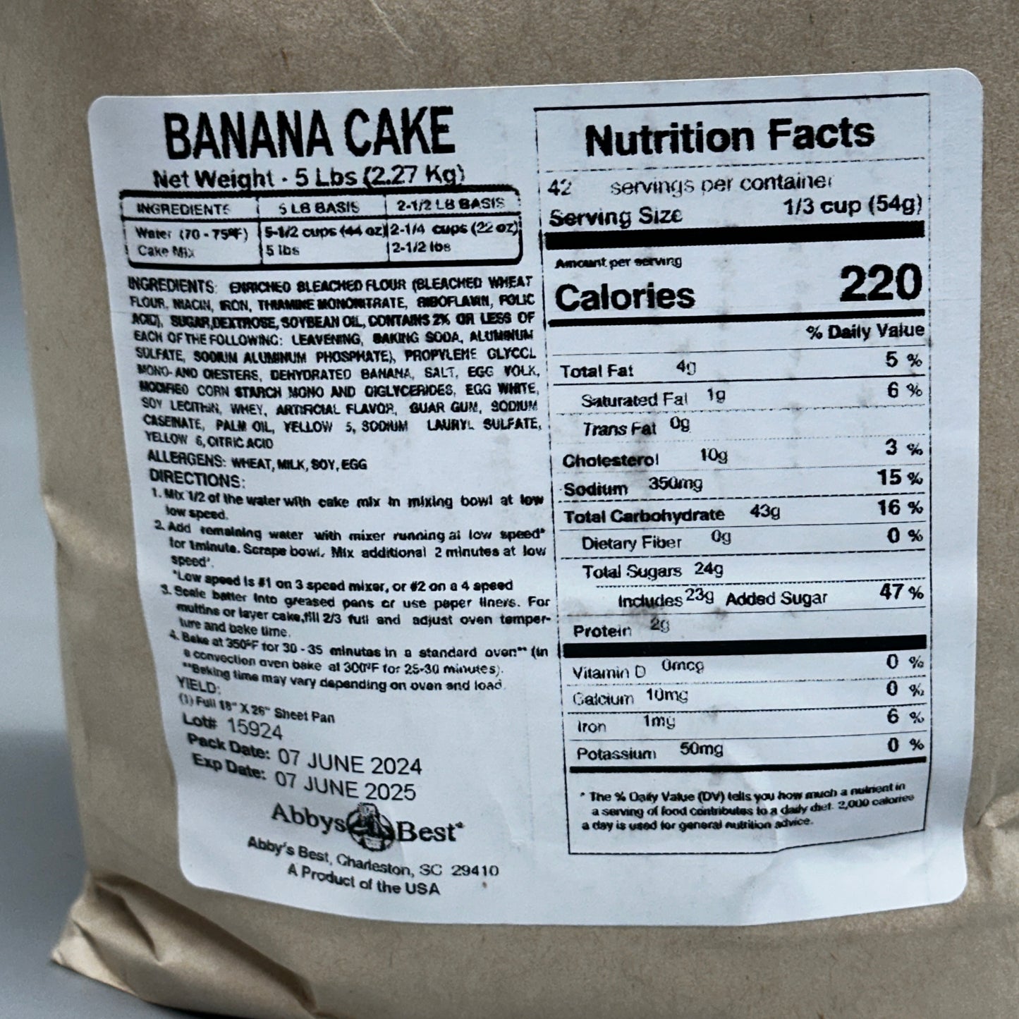 ABBY’S BEST (6 PACK, 5 lbs Each) Banana Cake Mix BB 06/25