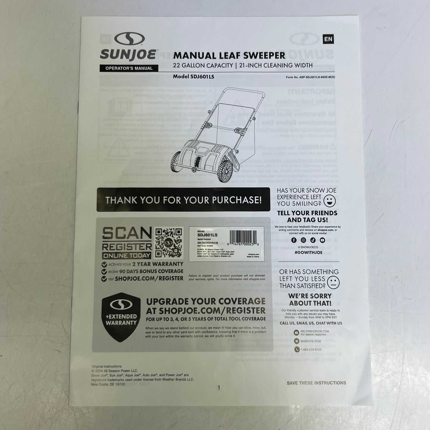 SUNJOE Manual Leaf Sweeper 22 Gal/21-Inch SDJ601LS