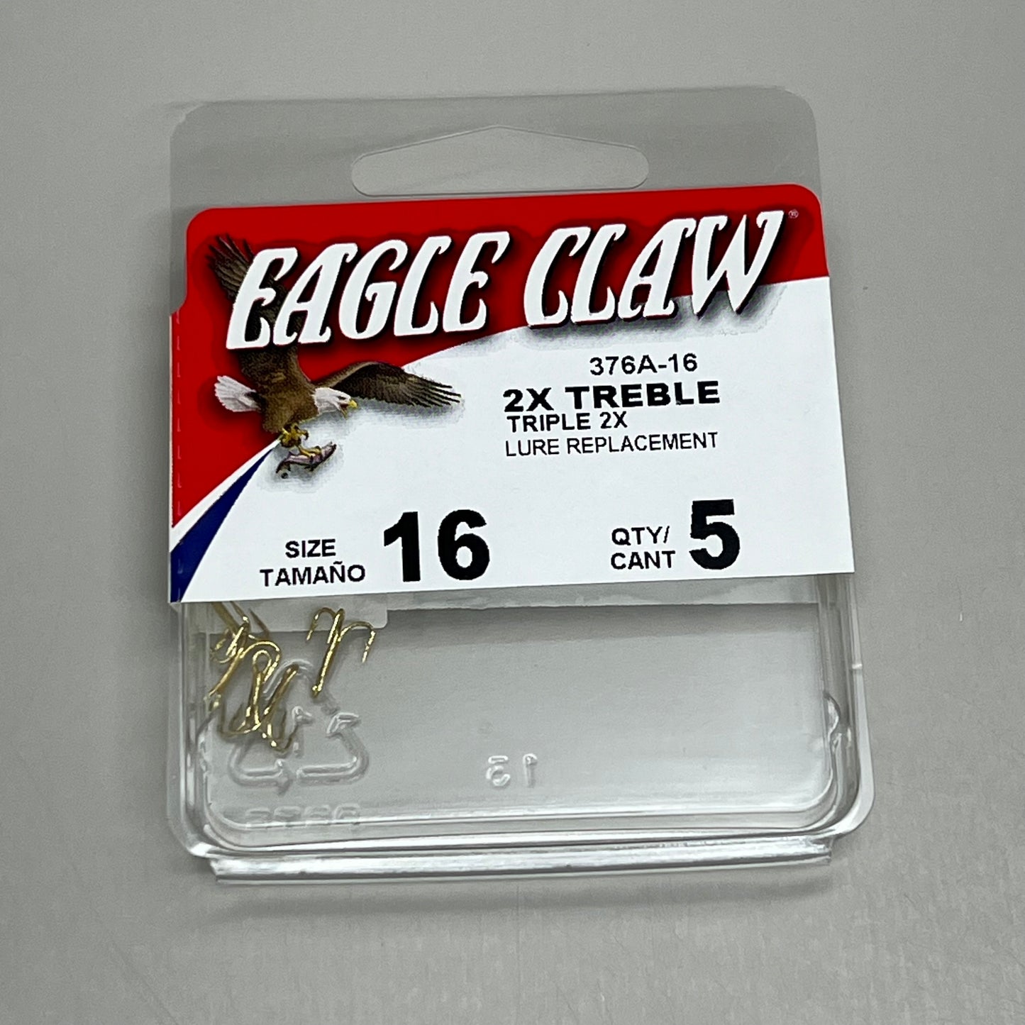 EAGLE CLAW (5 PACK) Curved Point 2X Treble Hook Lure Repla Gold #16 5pc 376A-16