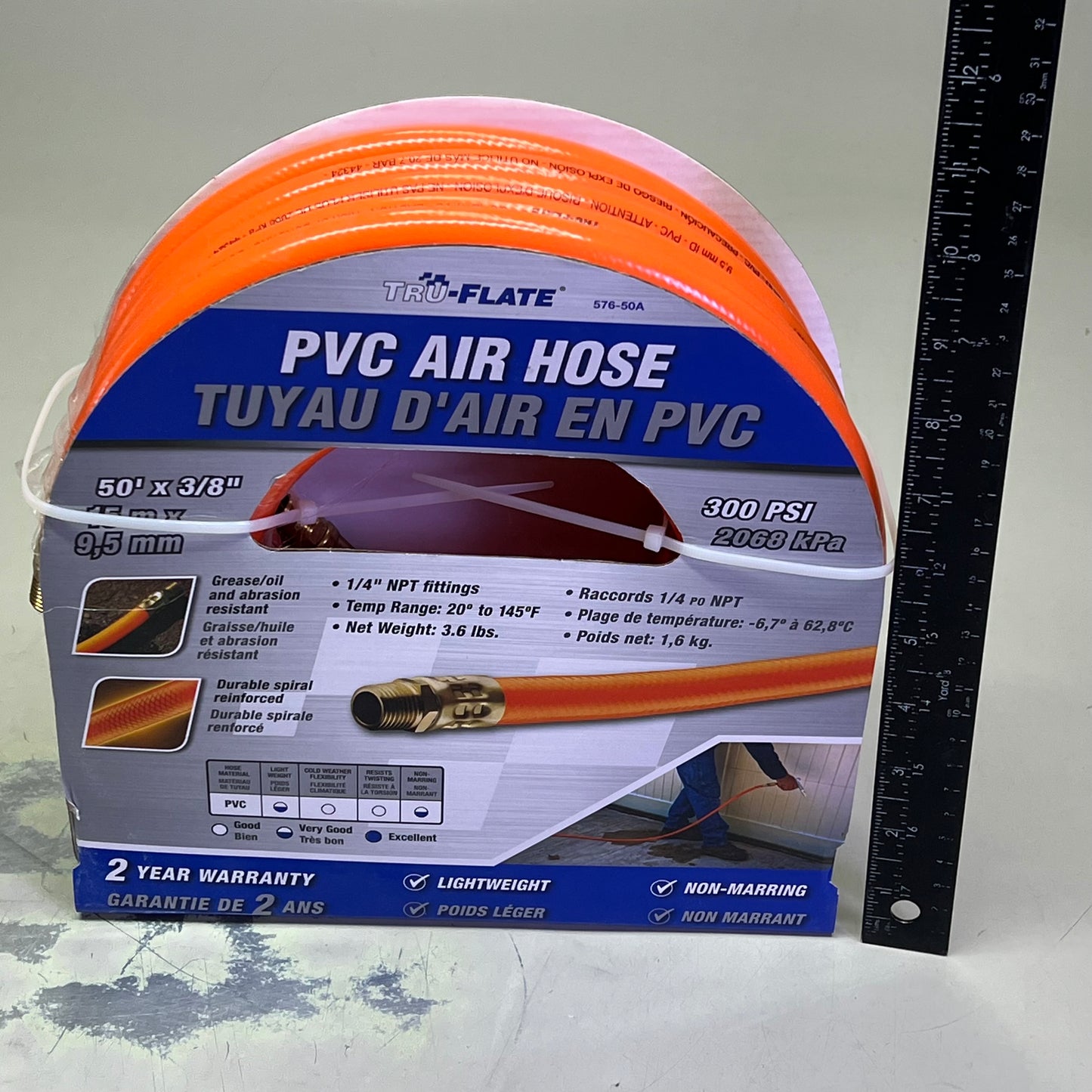 TRU-FLATE PVC Air Hose 1/4" NPT Fittings 300 PSI 50' x 3/8" Orange 576-50A